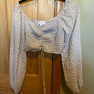 Long Sleeves Off The Shoulder Cropped Checkered Top with Tie Ruched Detailing